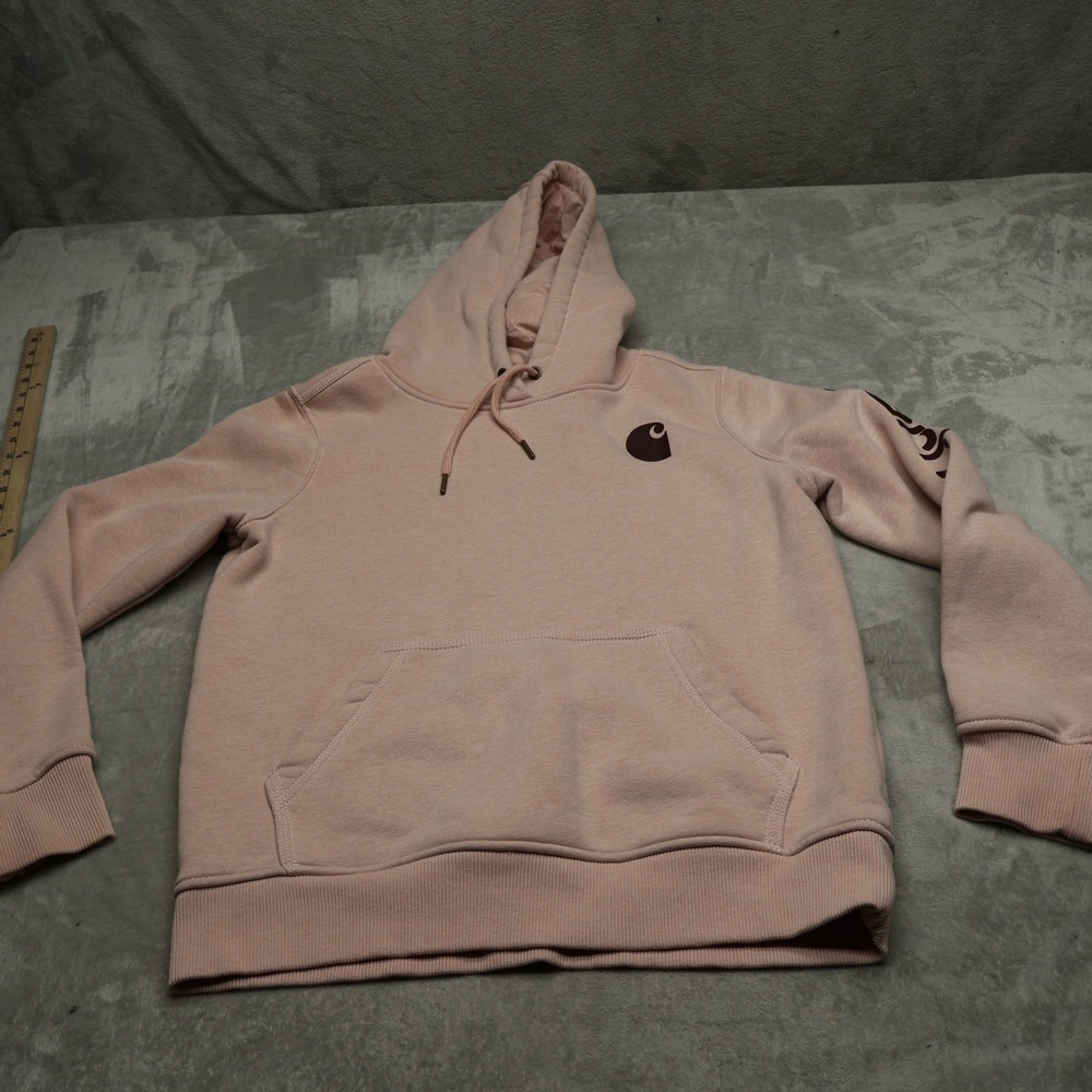 Carhartt Hoodie Womens Small 4-6 Pink Iconic Clarksburg Logo Graphic Relaxed Fit